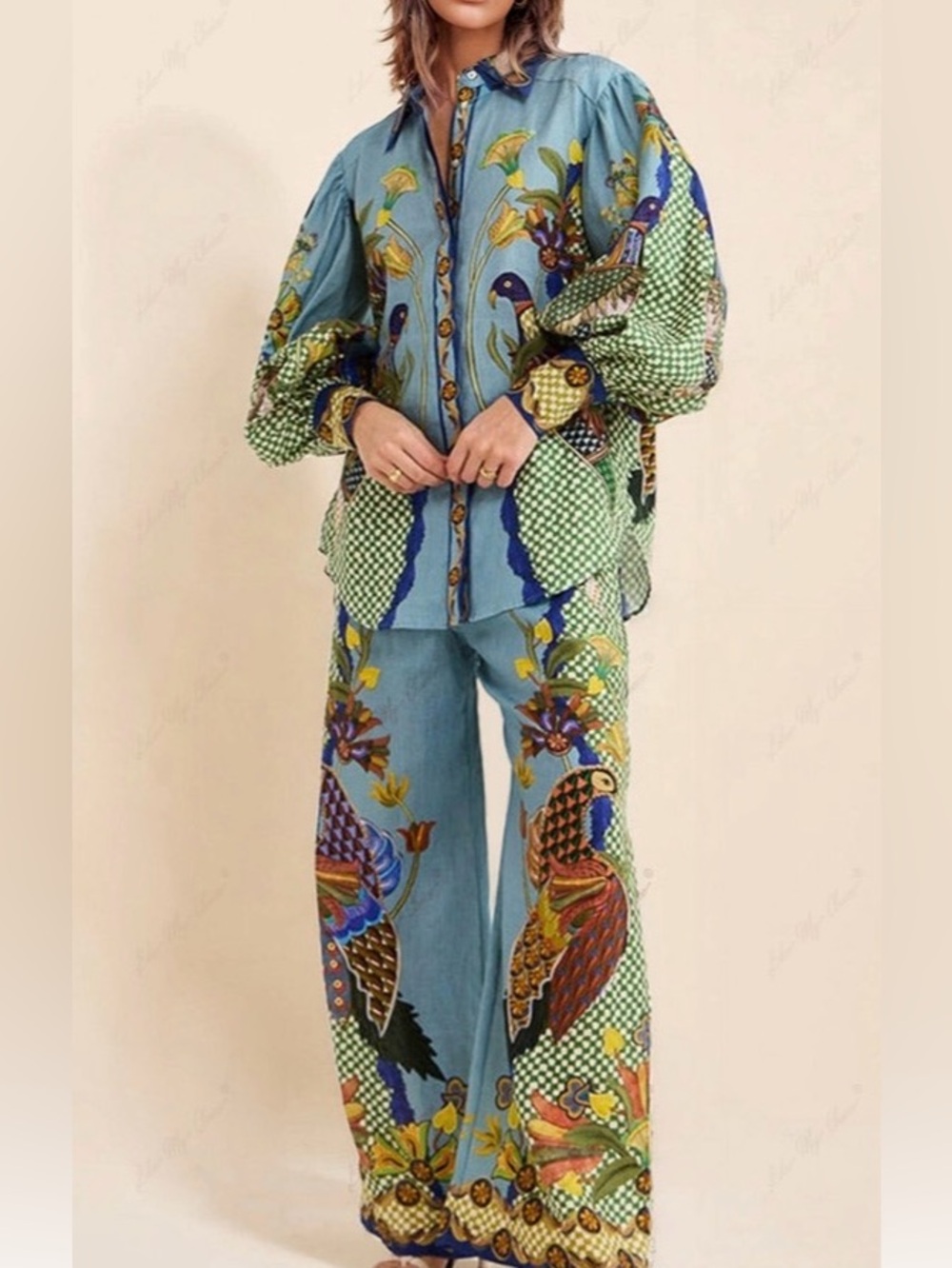 PRINTED PUFF SLEEVE SHIRT Pants TWO-PIECE SET birds vacation large